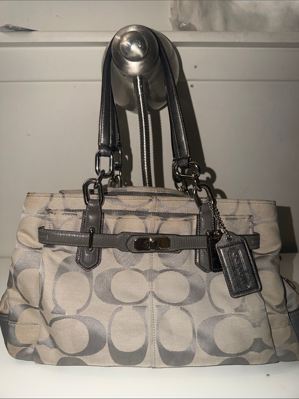 Coach Shoulder Bag in Light Gray and Chalk Signature Canvas